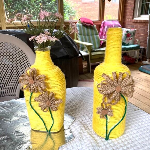 Bud Vases Recycled Glass Flower Yarn Wrapped Yellow Brown Green Set of 2 - Picture 12 of 14